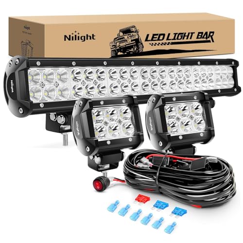 Nilight - ZH002 20Inch 126W Spot Flood Combo Off Road Led Light Bar 2PCS 18w 4Inch LED Pods with 16AWG Wiring Harness Kit-3 Lead for Tractor, 2 Years Warranty - Image 1
