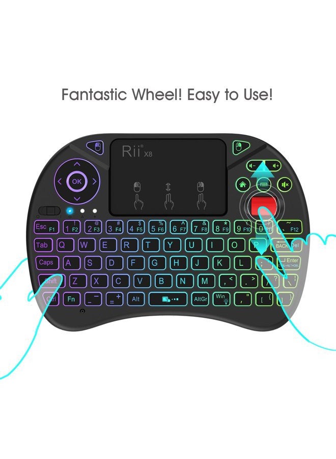 RII (Updated 2018,8-Color RGB Backlit) Rii X8 2.4GHz Mini Wireless Keyboard with Touchpad Mouse Combo, RGB Backlit, Rechargeable Li-ion Battery-Black - Image 3