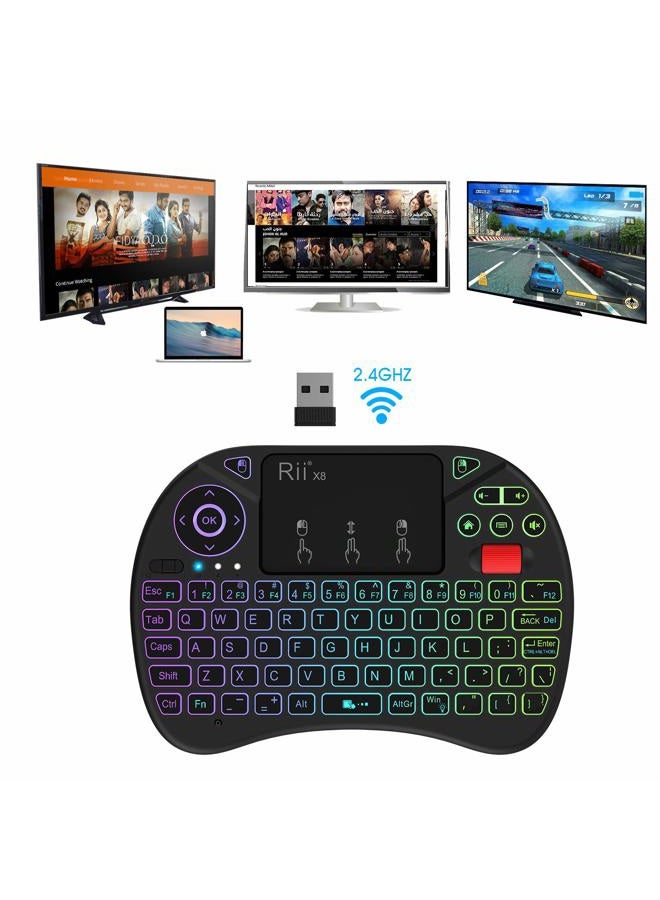 RII (Updated 2018,8-Color RGB Backlit) Rii X8 2.4GHz Mini Wireless Keyboard with Touchpad Mouse Combo, RGB Backlit, Rechargeable Li-ion Battery-Black - Image 5