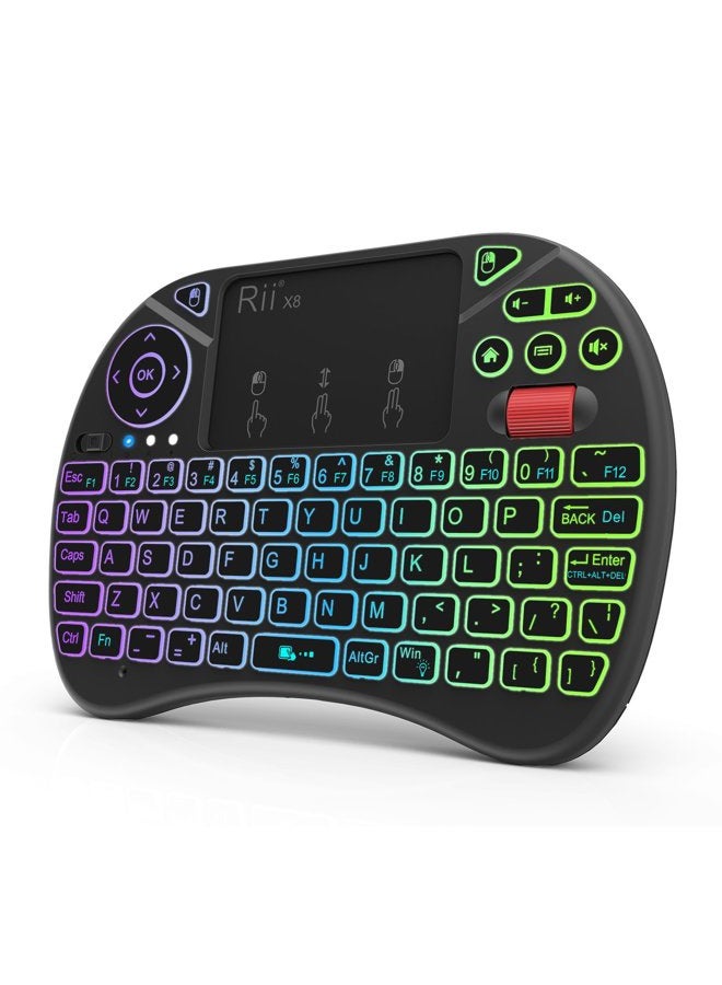 RII (Updated 2018,8-Color RGB Backlit) Rii X8 2.4GHz Mini Wireless Keyboard with Touchpad Mouse Combo, RGB Backlit, Rechargeable Li-ion Battery-Black - Image 1