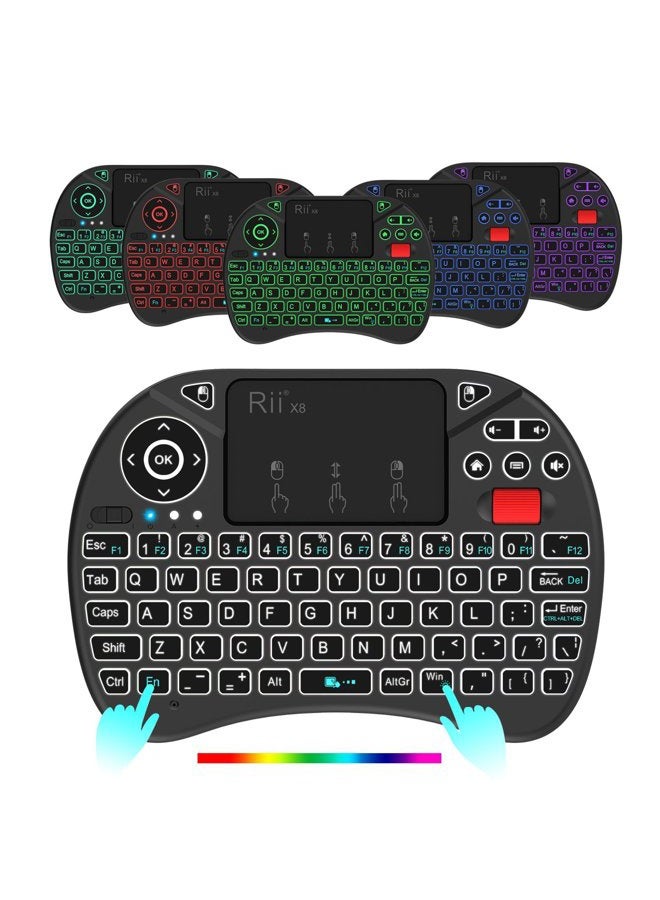 RII (Updated 2018,8-Color RGB Backlit) Rii X8 2.4GHz Mini Wireless Keyboard with Touchpad Mouse Combo, RGB Backlit, Rechargeable Li-ion Battery-Black - Image 2