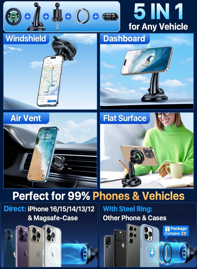 YRU [Truely Upgrade & Patent] Car Phone Holder for Magsafe [98+LBS Strongest Suction & Enhanced Magnetic] Dashboard Car Mount Windshield Vent Phone Stand for iPhone 17/16/15/14/13/12 Pro Max, Black - Image 5
