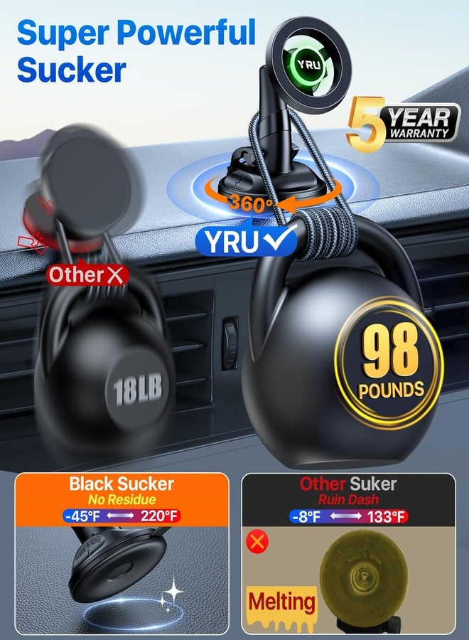 YRU [Truely Upgrade & Patent] Car Phone Holder for Magsafe [98+LBS Strongest Suction & Enhanced Magnetic] Dashboard Car Mount Windshield Vent Phone Stand for iPhone 17/16/15/14/13/12 Pro Max, Black - Image 3