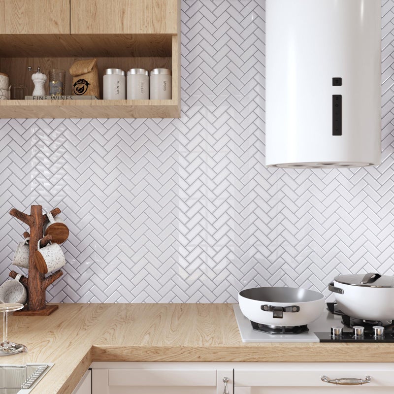 CRE8TIVE 4 Sheets White Herringbone Peel and Stick Backsplash for Kitchen 12"x12" Peel and Stick Tile for Bathroom Tiles Waterproof Self Adhesive Backsplash for Kitchen Laundry Room Shower Wall Decor - Image 3