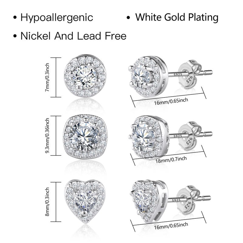 ALEXCRAFT Sterling Silver Halo Stud Earrings for Women Cubic Zirconia Round Heart Square Diamond Large Silver Studs Set Earring for Men 3 Pairs - Image 4