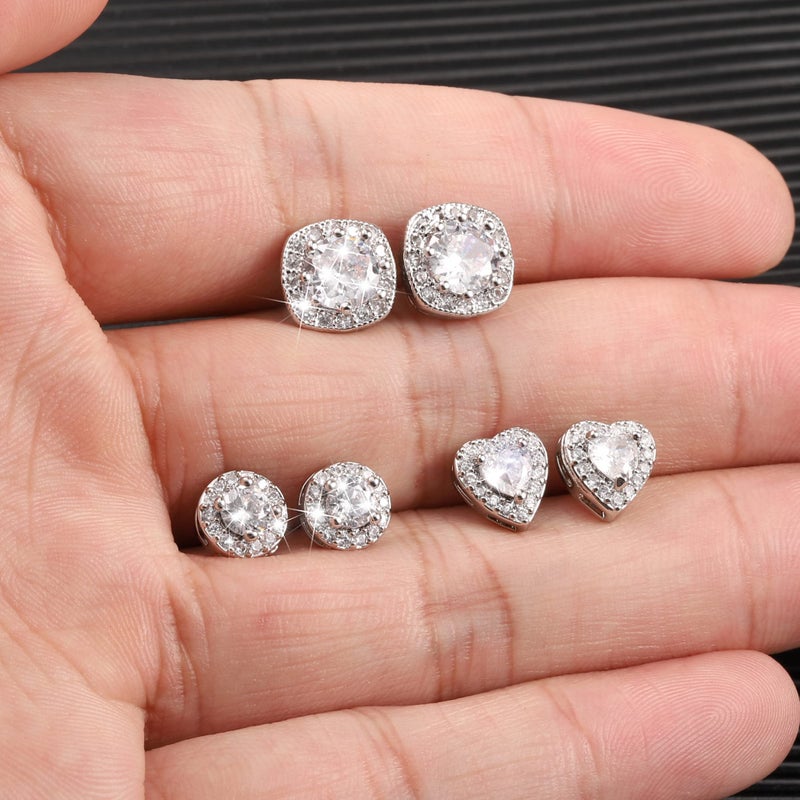 ALEXCRAFT Sterling Silver Halo Stud Earrings for Women Cubic Zirconia Round Heart Square Diamond Large Silver Studs Set Earring for Men 3 Pairs - Image 5