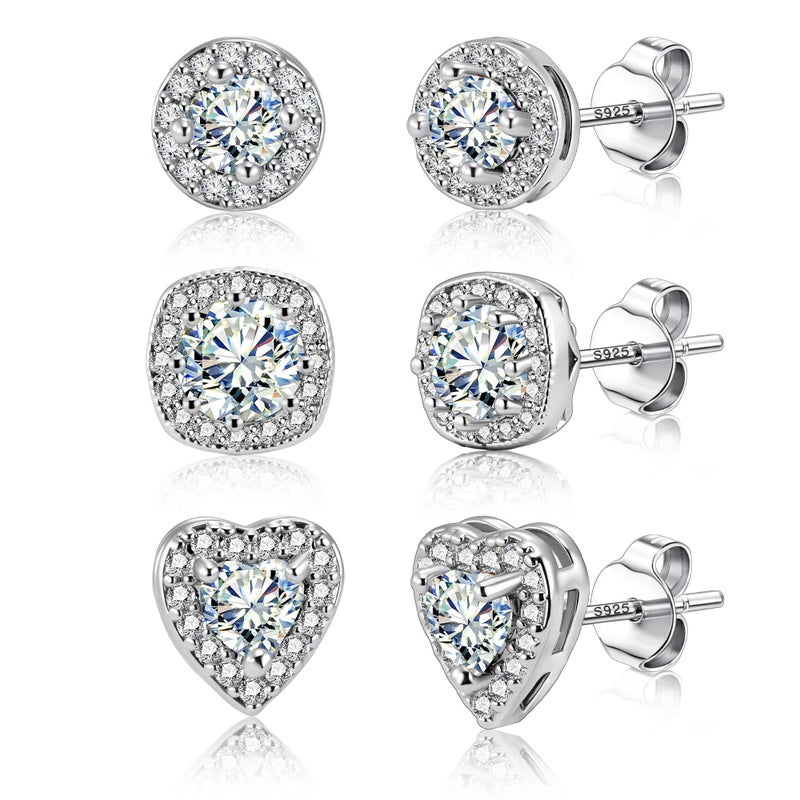 ALEXCRAFT Sterling Silver Halo Stud Earrings for Women Cubic Zirconia Round Heart Square Diamond Large Silver Studs Set Earring for Men 3 Pairs - Image 1