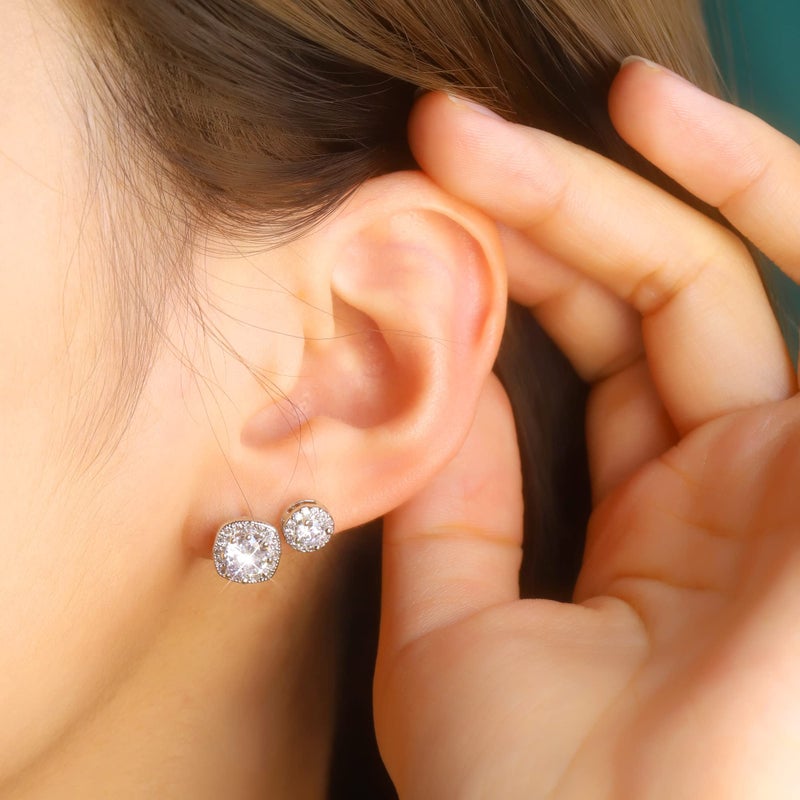ALEXCRAFT Sterling Silver Halo Stud Earrings for Women Cubic Zirconia Round Heart Square Diamond Large Silver Studs Set Earring for Men 3 Pairs - Image 2