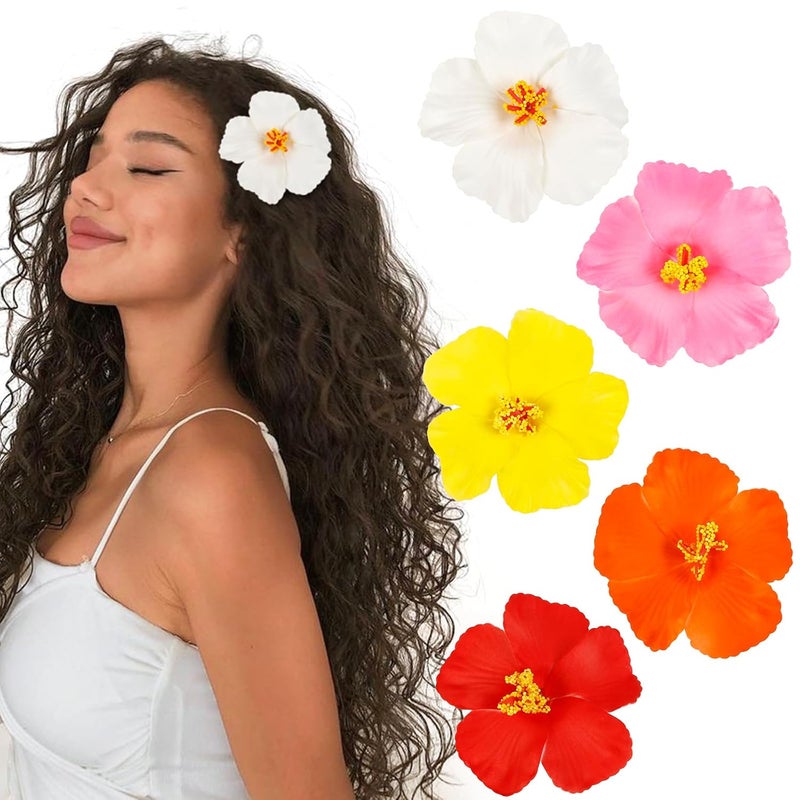 WOVOWOVO مشابك شعر زهور WOVOWOVO للنساء 5 قطع مشابك شعر زهور هاواي 4 مشابك شعر هيبيسكس زهور صناعية لملحقات الشاطئ في عطلة الصيف