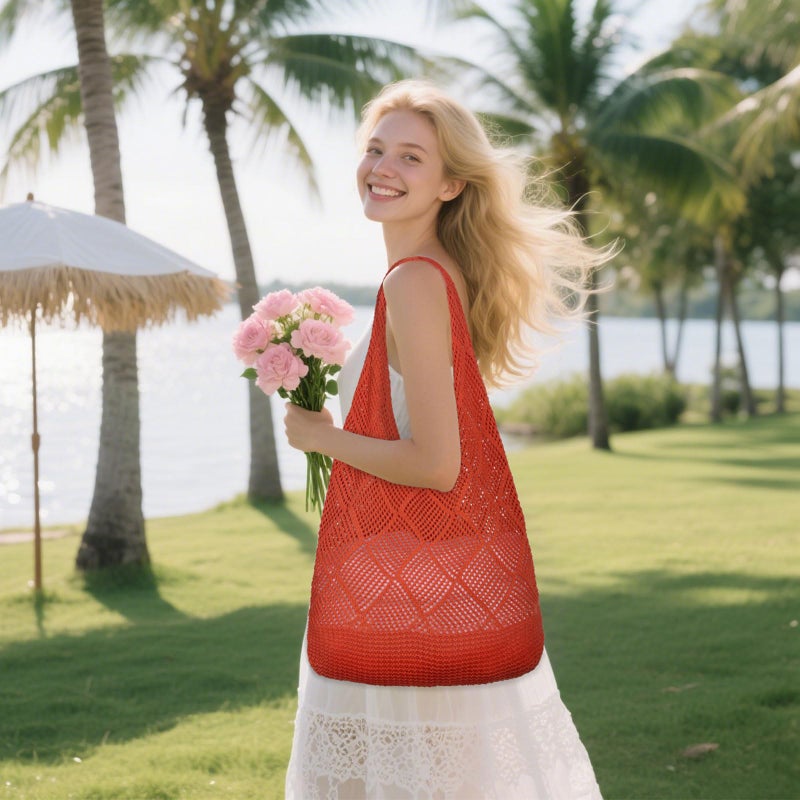 WantGor Crochet Bags, Beach Mesh Tote Bag Womens Shoulder Shopping Handbag Casual Travel Totes Bag Foldable Hobo Bags (Bright Orangeâ€Œ) - Image 2