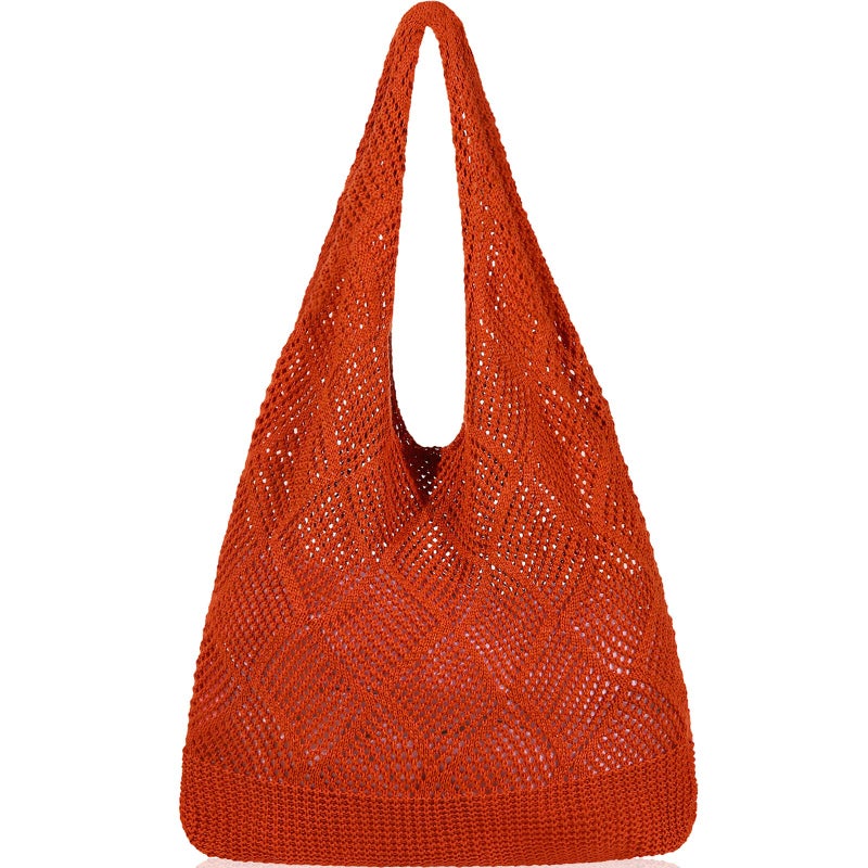 WantGor Crochet Bags, Beach Mesh Tote Bag Womens Shoulder Shopping Handbag Casual Travel Totes Bag Foldable Hobo Bags (Bright Orangeâ€Œ) - Image 1