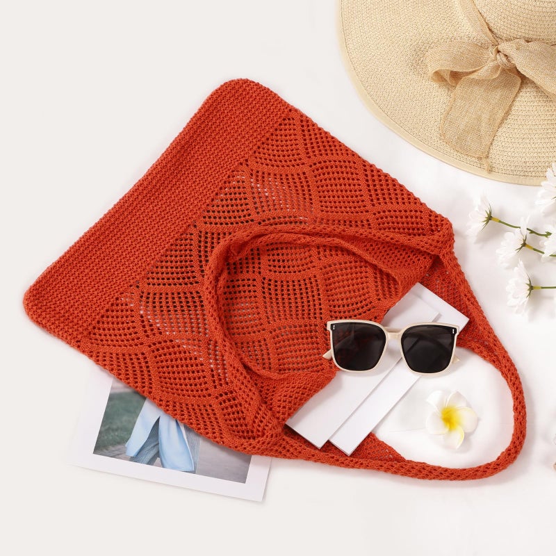 WantGor Crochet Bags, Beach Mesh Tote Bag Womens Shoulder Shopping Handbag Casual Travel Totes Bag Foldable Hobo Bags (Bright Orangeâ€Œ) - Image 3