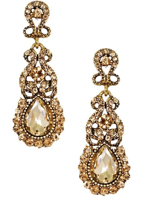 Secret for Longevity Antique Gold Vintage Retro Deco Victorian Style Champagne Amber Yellow Topaz Citrine Rhinestone Statement Earrings, Earring, rhinestone crystal, Rhinestone - Image 1