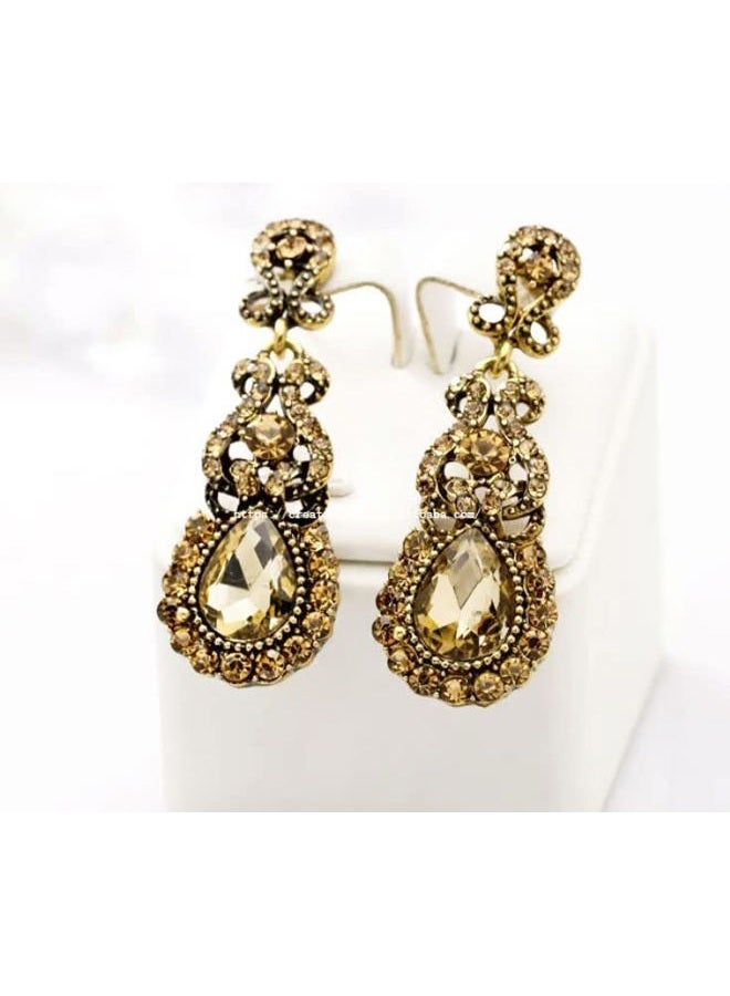 Secret for Longevity Antique Gold Vintage Retro Deco Victorian Style Champagne Amber Yellow Topaz Citrine Rhinestone Statement Earrings, Earring, rhinestone crystal, Rhinestone - Image 2