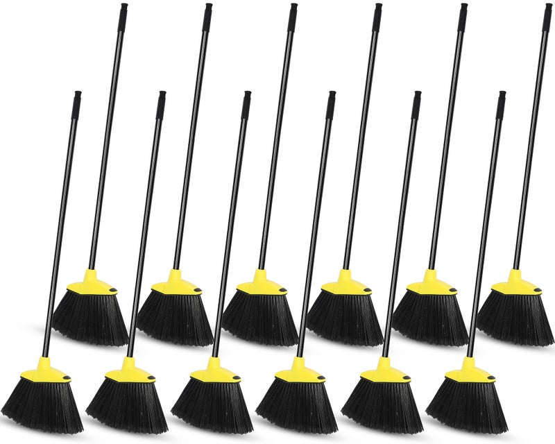 WILLBOND 12 Pcs Heavy Duty 53 Inch Commercial Angle Brooms for Sweeping Indoor Outdoor  Black Broom with Long Handle for Garage Courtyard Patio Lobby Mall Market Shop Sidewalk Floor Yellow 