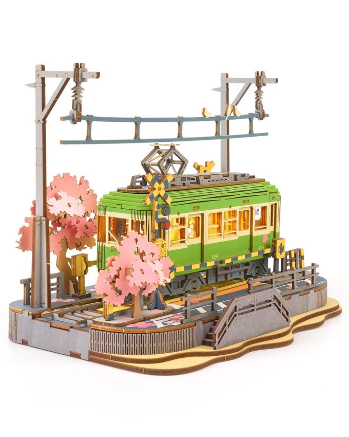 Rolife 3D Wooden Puzzle For Adults, Sakura Journey Tram Diy Model Building Kits With Led Lights, Creative Kids Craft Hobby Gift And Brain Teaser Home Decor Assembly Toy - Image 1