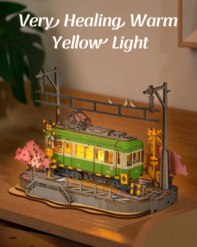 Rolife 3D Wooden Puzzle For Adults, Sakura Journey Tram Diy Model Building Kits With Led Lights, Creative Kids Craft Hobby Gift And Brain Teaser Home Decor Assembly Toy - Image 3