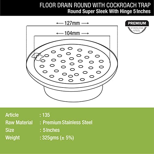 LIPKA Super Sleek Round Floor Drain |Stainless Steel |5 Inches| with Cockroach Trap & Hinge| - Image 2