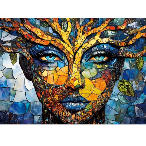 DAGIRT 500 Piece Puzzles for Adults Mosaic Tree Faced Woman Jigsaw Puzzles Stained Glass Art Puzzle Birthday for Men Women and Seniors Fun and Challenging Puzzle 205x15 in - Image 1