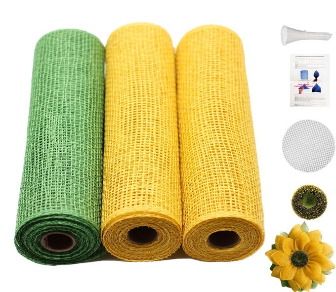 3 ROLLS POLY BURLAP DECO MESH FOR DIY AUTUMN HARVEST YELLOW SUNFLOWER WREATH SUNFLOWER FLOWER CENTER INCLUDED 10 INCHES X 5 YARDS YELLOW