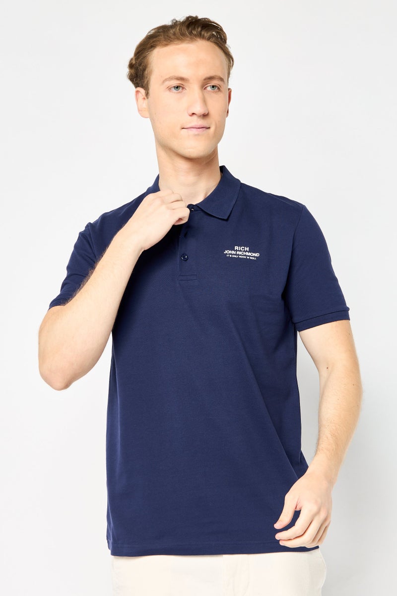 JOHN RICHMOND Men Regular Fit Short Sleeve Brand Logo Polo Shirt, Navy - Image 1