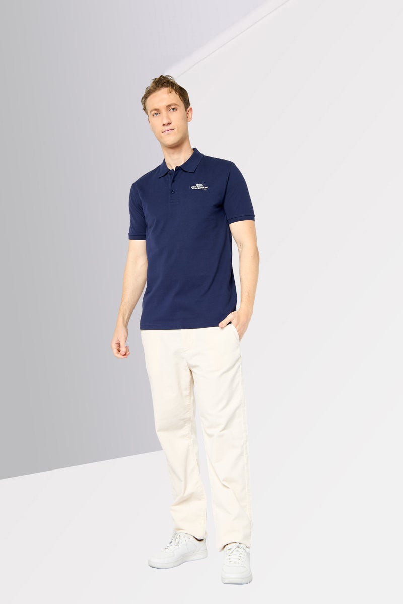 JOHN RICHMOND Men Regular Fit Short Sleeve Brand Logo Polo Shirt, Navy - Image 3