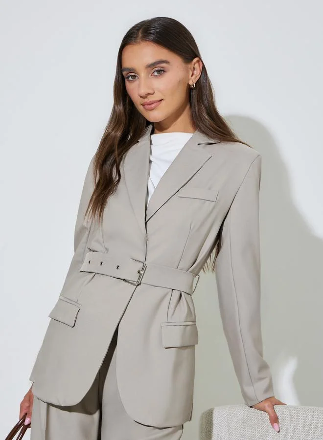 Grey Solid Belted Regular Fit Blazer