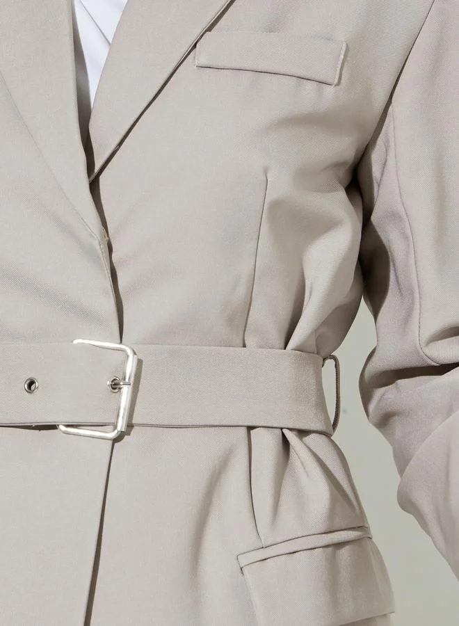 Styli  Grey Solid Belted Regular Fit Blazer for Women | Best Price UAE