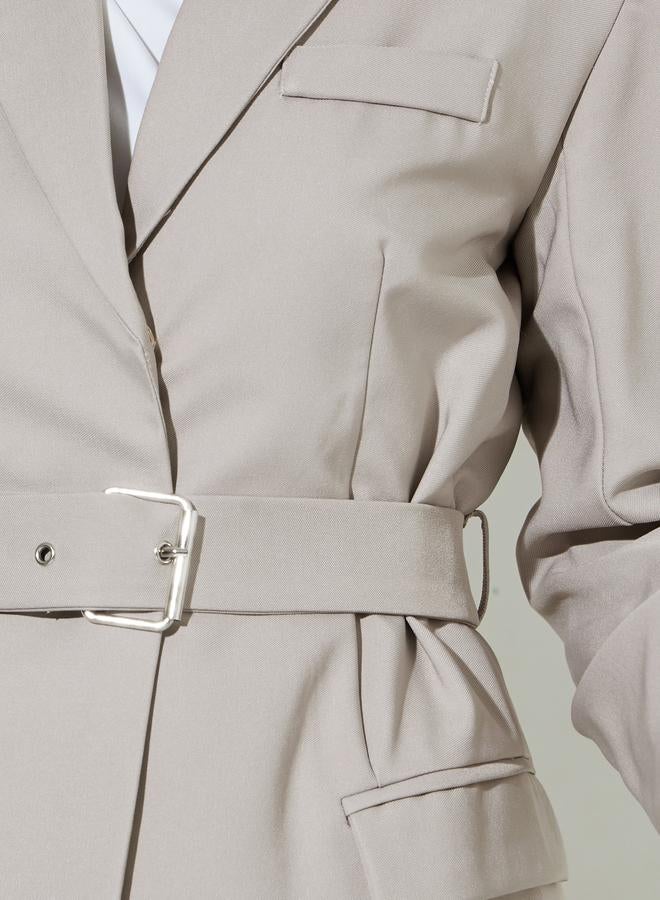 Styli Grey Solid Belted Regular Fit Blazer - Image 3