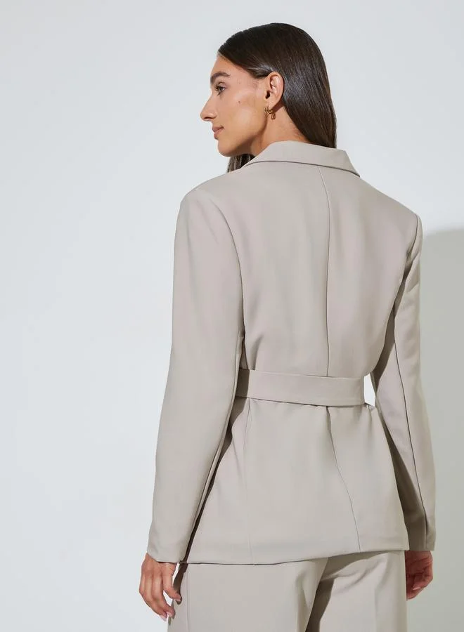 Styli  Grey Solid Belted Regular Fit Blazer for Women | Best Price UAE