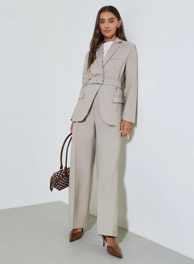 Styli  Grey Solid Belted Regular Fit Blazer for Women | Best Price UAE