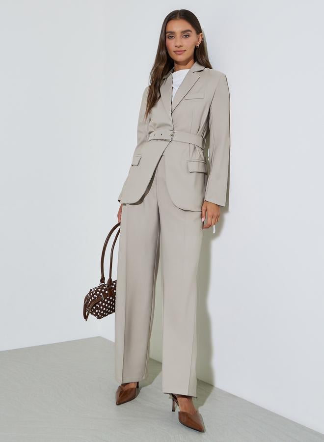 Styli Grey Solid Belted Regular Fit Blazer - Image 2