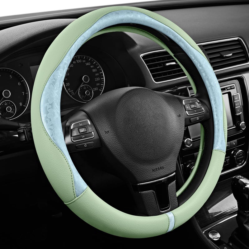 PIC AUTO Steering Wheel Cover, Light Blue Patterned & Green Leather Patchwork Design, Universal Fit 14.5"â€“15.5", Anti-Slip, Odor-Free, Soft Grain Leather, Durable Grip Car Accessory for Girls & Women - Image 2