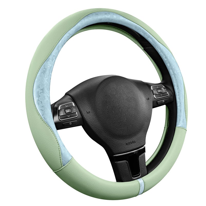 PIC AUTO Steering Wheel Cover, Light Blue Patterned & Green Leather Patchwork Design, Universal Fit 14.5"â€“15.5", Anti-Slip, Odor-Free, Soft Grain Leather, Durable Grip Car Accessory for Girls & Women - Image 1