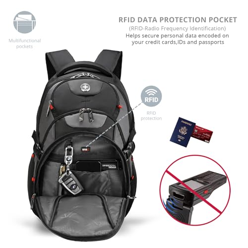 Swissdigital Design Laptop Backpack, Travel Backpack with USB Charging Port Fits 15.6 inches Computer, 31L College School Bookbag for Men, Black/Grey | SD803-02 - Image 3