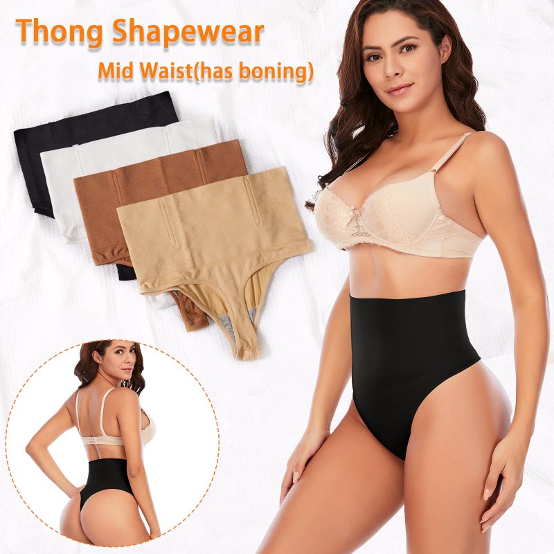 Werena Tummy Control Thong Shapewear for Women Seamless Shaping Thong Panties Body Shaper Underwear(01# Black-mid Waisted(has Boning),Small) - Image 2