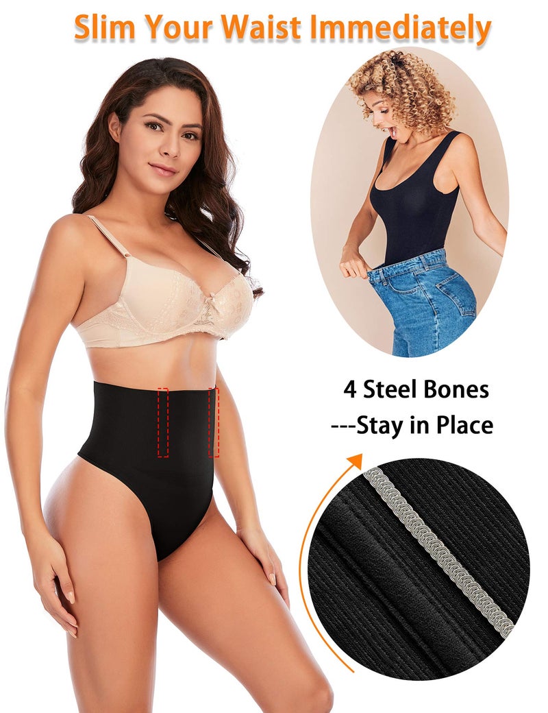 Werena Tummy Control Thong Shapewear for Women Seamless Shaping Thong Panties Body Shaper Underwear(01# Black-mid Waisted(has Boning),Small) - Image 3