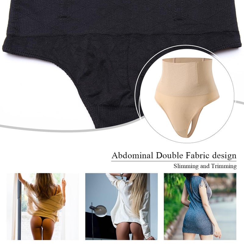 Werena Tummy Control Thong Shapewear for Women Seamless Shaping Thong Panties Body Shaper Underwear(01# Black-mid Waisted(has Boning),Small) - Image 5