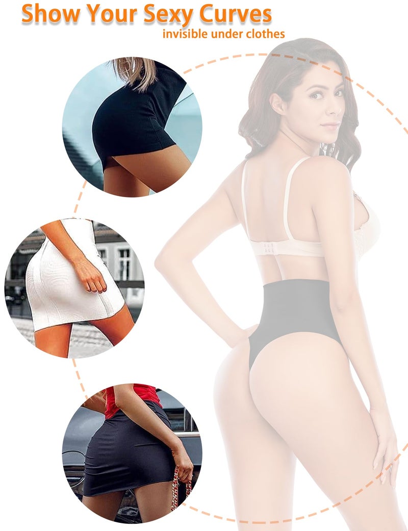 Werena Tummy Control Thong Shapewear for Women Seamless Shaping Thong Panties Body Shaper Underwear(01# Black-mid Waisted(has Boning),Small) - Image 4