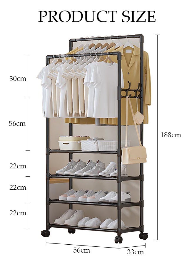 DUNISO Double Rods Clothes Rack with Roller, Metal Garment Rack with Shoe rack and Hooks, Multipurpose Clothes Hanger Organizer,Suitable for Bedrooms, Balconies and Living room (Black) - Image 2