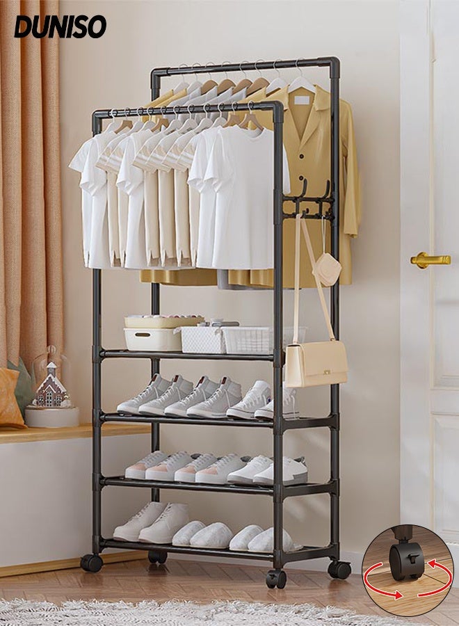 DUNISO Double Rods Clothes Rack with Roller, Metal Garment Rack with Shoe rack and Hooks, Multipurpose Clothes Hanger Organizer,Suitable for Bedrooms, Balconies and Living room (Black) - Image 1