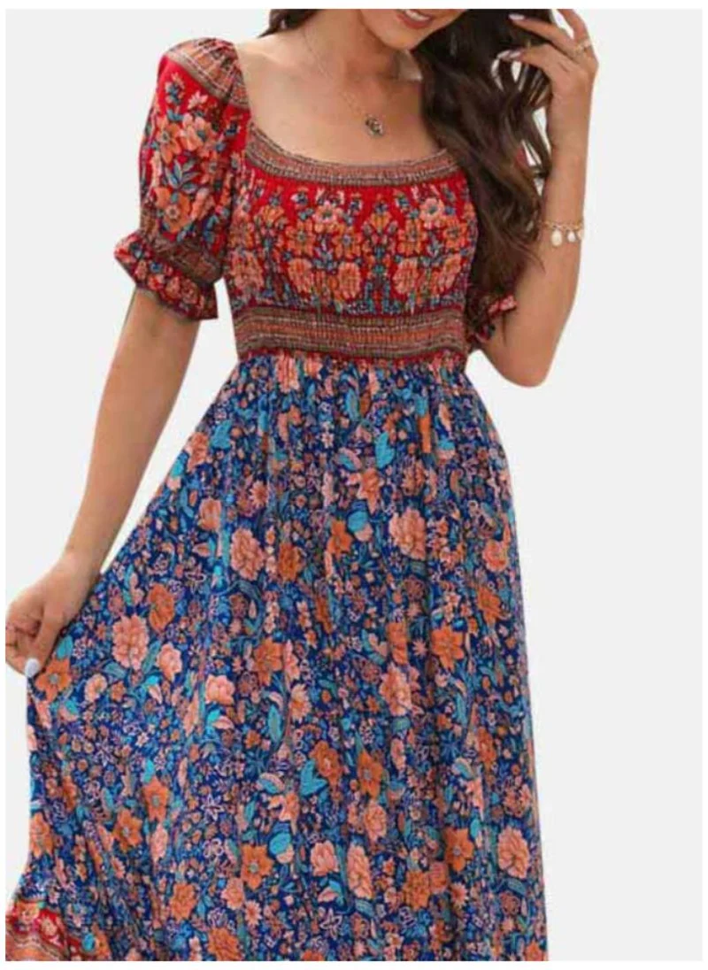 يونيكي Floral Square Neck Print A-Line Midi Dress