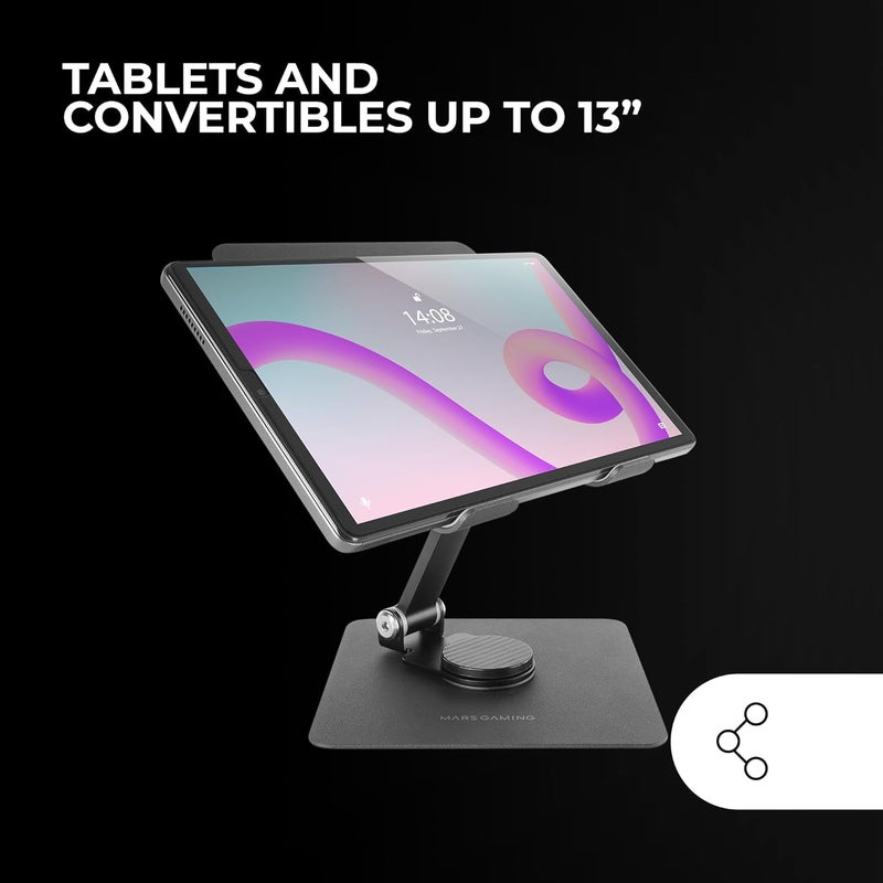 MARS GAMING MA-RST, Tablet and Convertible Stand 2in1 up to 13", Rotatable 360° + Height and Angle Adjustable 180°, Lightweight Steel Foldable Tablet Stand, Anti-Slip, Black - Image 2