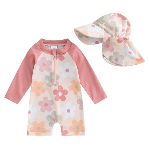 Socutebabe Toddler Infant Baby Boys Girl Swimsuit Kids Rash Guard One Piece Newborn Zipper Bathing Suit Swimwear with Hat (B-Floral Pink,6-12 Months) - Image 1