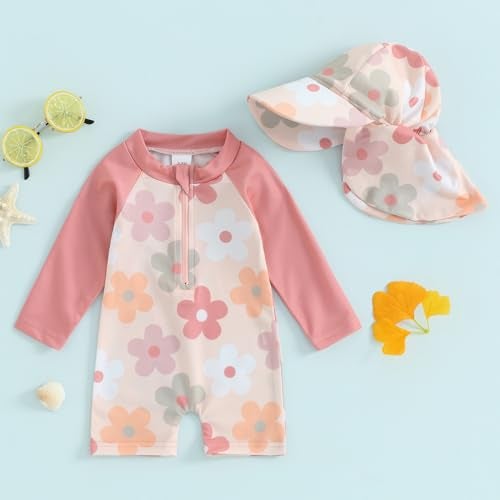 Socutebabe Toddler Infant Baby Boys Girl Swimsuit Kids Rash Guard One Piece Newborn Zipper Bathing Suit Swimwear with Hat (B-Floral Pink,6-12 Months) - Image 2