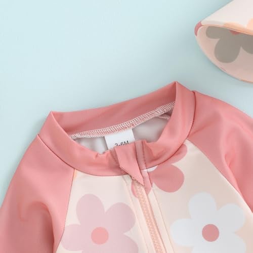 Socutebabe Toddler Infant Baby Boys Girl Swimsuit Kids Rash Guard One Piece Newborn Zipper Bathing Suit Swimwear with Hat (B-Floral Pink,6-12 Months) - Image 3