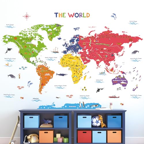 Decowall ديكوول DLT-1616N ملصقات جدارية ملونة لخريطة العالم للأطفال ملصقات حائط قابلة للإزالة واللصق لغرفة الأطفال وغرفة النوم وغرفة المعيشة (كبير جداً) - Image 3