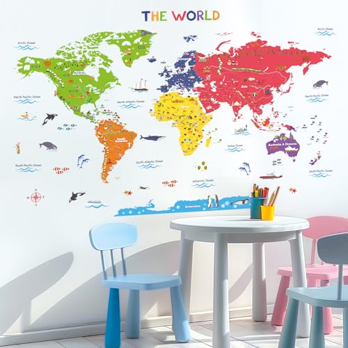 Decowall ديكوول DLT-1616N ملصقات جدارية ملونة لخريطة العالم للأطفال ملصقات حائط قابلة للإزالة واللصق لغرفة الأطفال وغرفة النوم وغرفة المعيشة (كبير جداً) - Image 2