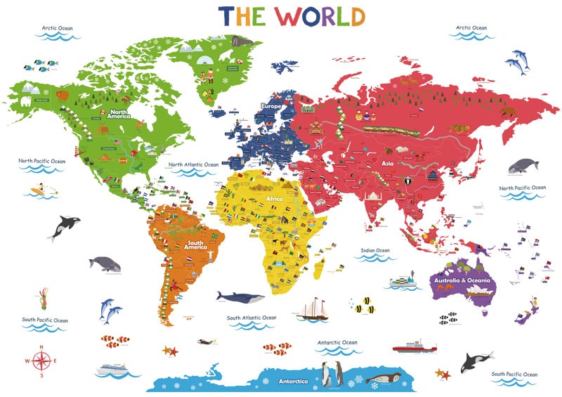 Decowall ديكوول DLT-1616N ملصقات جدارية ملونة لخريطة العالم للأطفال ملصقات حائط قابلة للإزالة واللصق لغرفة الأطفال وغرفة النوم وغرفة المعيشة (كبير جداً) - Image 1