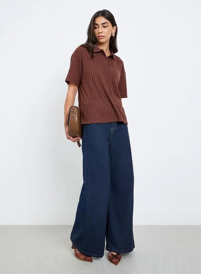 Styli Styli Brown Textured Knit Polo T-Shirt